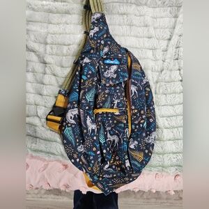 Kavu Black Sling Bag with Teal, Mustard & Pink Woodland Print